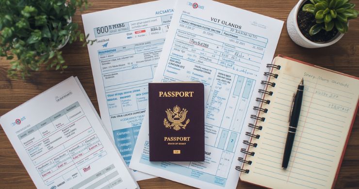 Thailand Thailand tourist visa required documents flat lay on wooden desk