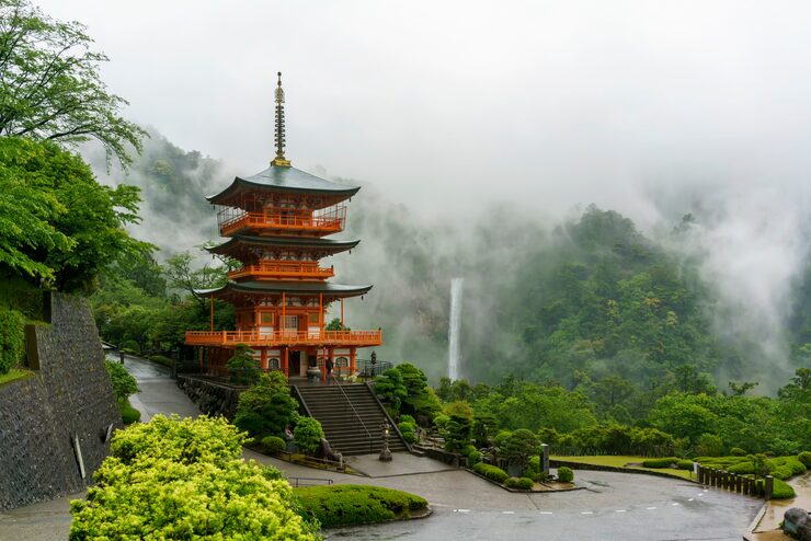 three story sanjudo pagoda seiganto ji temple with nachi falls beautiful foggy scenery background listed as unesco world heritage site wakayama prefecture japan_36036 1617