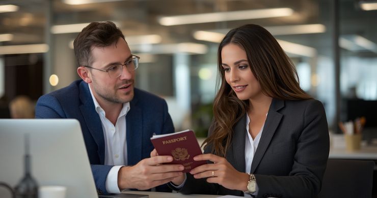 travel consultant helping client with passport