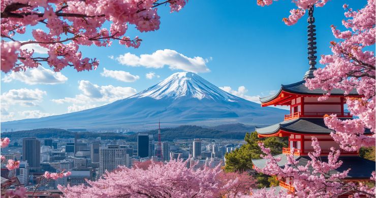 Japan tourism Mount Fuji Tokyo skyline cherry blossoms travel agency banner