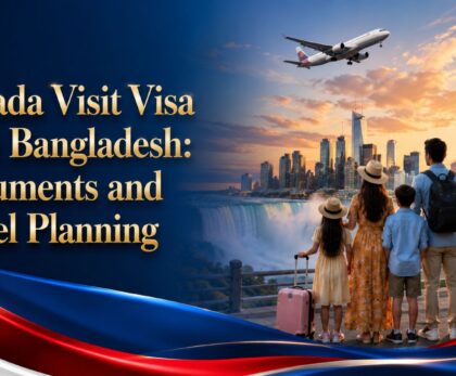 Canada visit visa from Bangladesh feature image showing a family, airplane and Canada skyline for documents and travel planning
