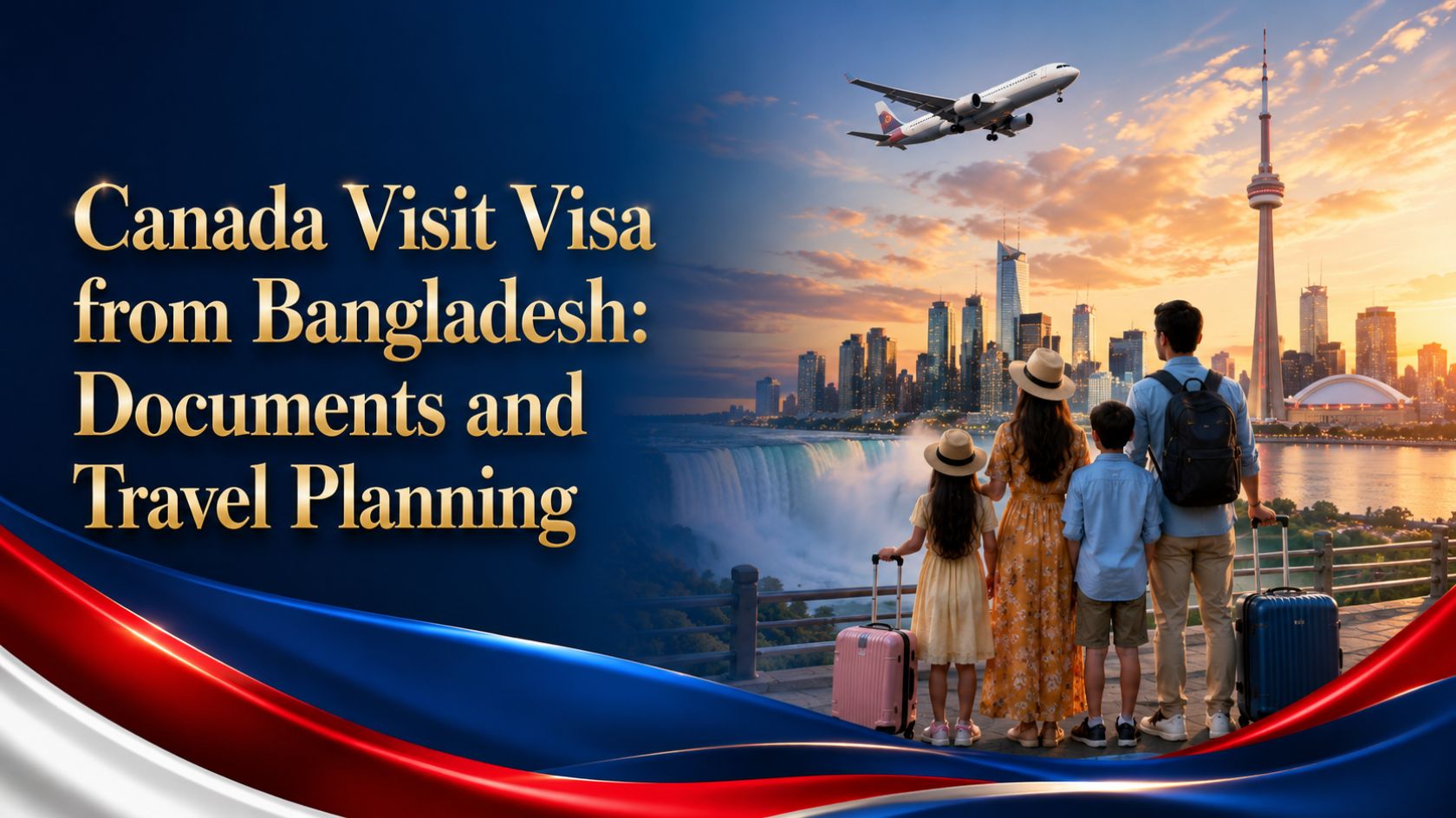 Canada visit visa from Bangladesh feature image showing a family, airplane and Canada skyline for documents and travel planning