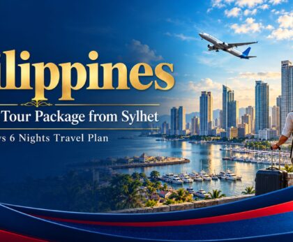 Eid Holiday Philippines Tour Package from Sylhet featuring a 7 Days 6 Nights travel plan with scenic Philippines city view, airplane, and tourist journey